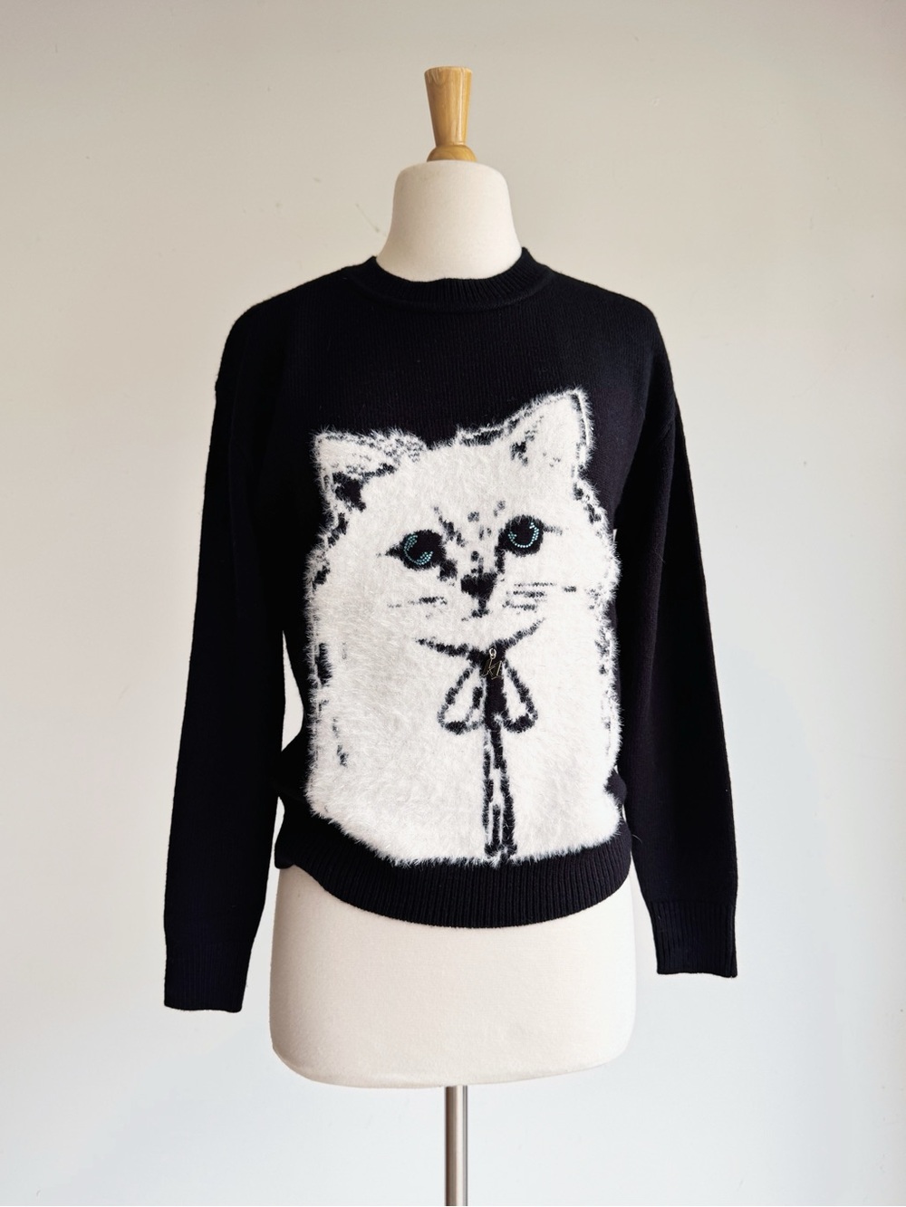 Karl Lagerfeld Choupette Cat Fuzzy Sweater Black Rhinestone Eyes XXS